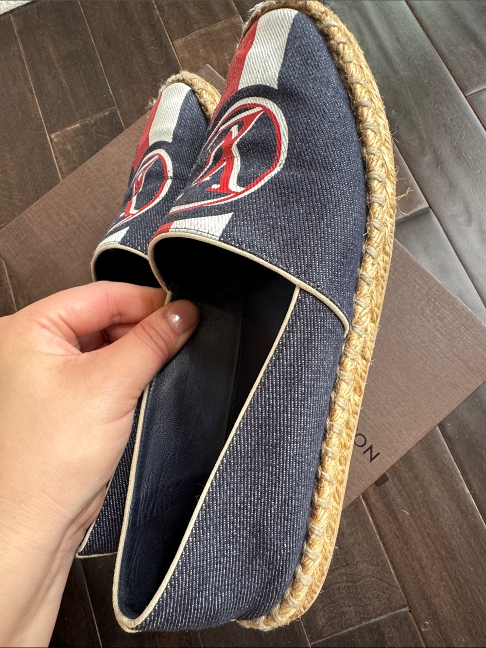 Women Louis Vuitton LV Logo Canvas Espadrilles Flats Shoes Navy Red White 37 - Picture 4 of 9